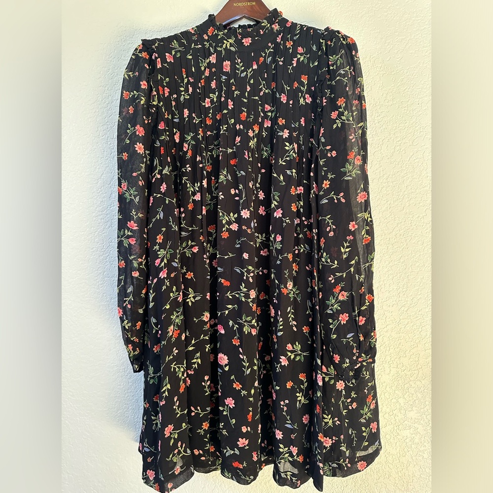 GANNI Black Floral Print Pleated Georgette Mini Dress SZ IT 40 US 10 L FLOWY FEM
